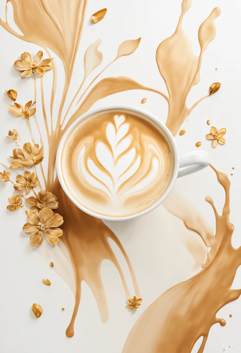 huaniao, [(White background:1.5)::5], medium shot, whole body, Chinese style, flowers,((Latte)),petal fragments, Beautiful and delicate water,pool,watercolor painting、Splash technology recreates the mud atmosphere in wet environments、unique ingredients、Abstract representation、Contains surreal elements、light tone.Light and gold color scheme、High resolution details、Ink splash effect、pale color。