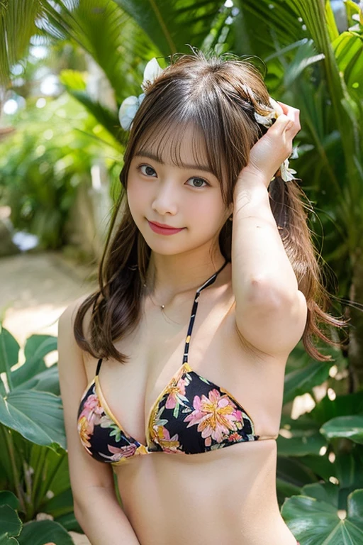 (heavy chest), nsfw, highest quality, masterpiece, Super high resolution, (highest quality,8K,RAW photo,realistic,High resolution:1.2), (cute japanese woman), 20-year-old, ((tropical beach)),(huge golden hair), (Exposed black micro bikini),((armpit,armpit)), (light smile), (classroom),beautiful tropical background, cameltoe, belly button, two stock, (Photoreal:1.4), RAW photo, 1 girl, (((random hair)), (((take various poses))), glowing skin, ((Detailed floral micro bikini)),(Someone who looks at you with calm, goddess-like eyes.)happiness:1.2), twin tails, nature background, two stock, beautiful hip line、