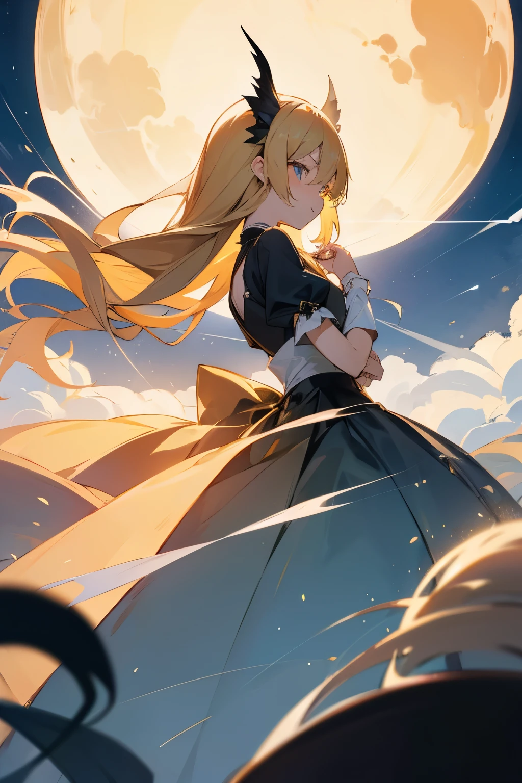 ((最高品質)), ((傑作)), (詳しい)masterpiece, top quality, very detailed, anime, golden hair, long hair, aquamarine eyes, Devil's wings on his right and angel's wings on his left on his back., ,Gothic Lolita Sister Style Dresses,flat chest ,fleeting girl,背景に月と夜空