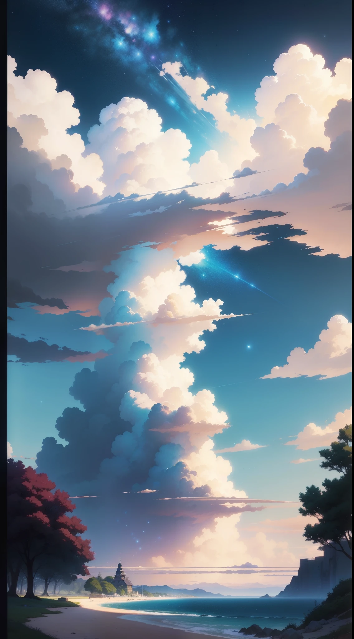 no human figures、Landscape only、Evening glow、shimmer、There is a painting of the sky with clouds and stars, Cosmos Sky. Flowers, by makoto shinkai, Anime Sky, Blue Sea. by makoto shinkai, Anime Cloud, style of makoto shinkai, by Ross Tran. scenery background, in the style of makoto shinkai, By Shinkai Makoto. - H 2160, beautifull puffy clouds.