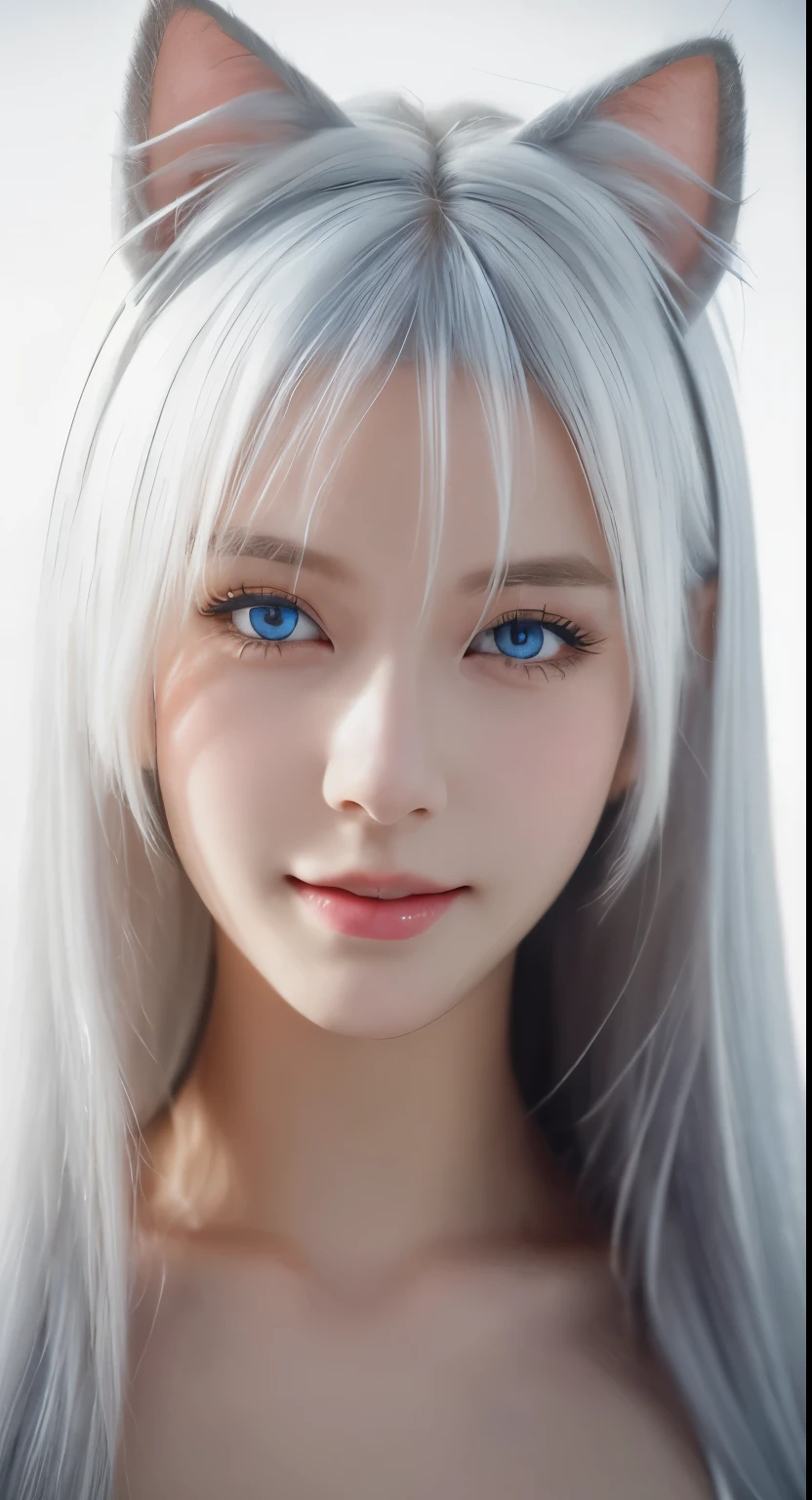 (Masterpiece: 1.2, highest quality), (real photo, intricate details), 1 Lady, Solo, Upper body, Casual, shoulder length hair, Minimal makeup, Natural fabric, Face close-up, Smile, Home, white hair, blue eyes, cat ears,