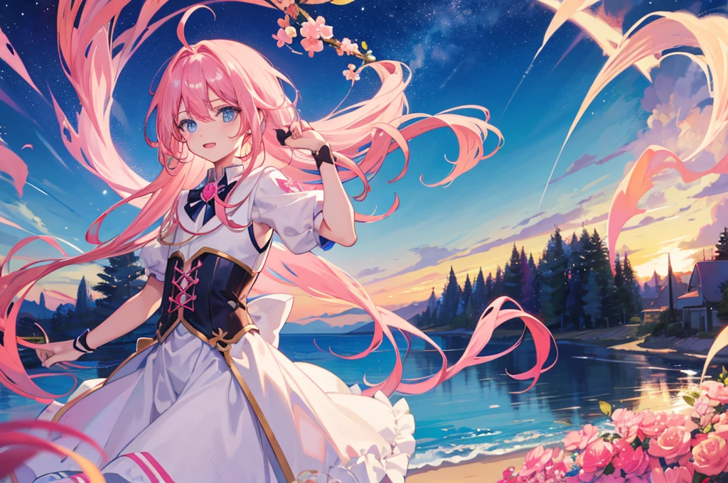 1boy, magical, long hair, pink hair, blue eyes, idol costume, ahoge, sunset, night view, starry sky, blue sky