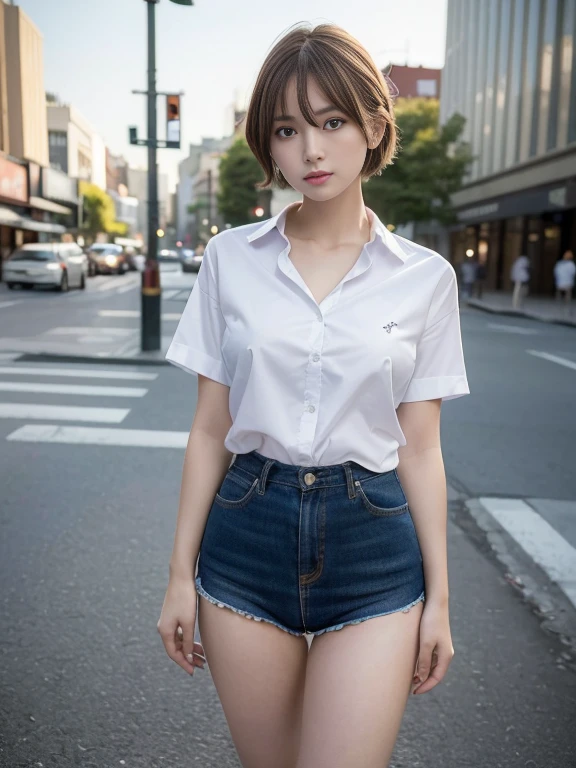 ((highest quality, 8K, masterpiece: 1.3, RAW photo)), sharp focus: 1.2, (alone), (1 Aespa Girl: 1.2), (realistic, realistic: 1.37), (face focus: 1.1), cute face, small breasts, flat chest, messy short hair, (business shirt: 1.1), Beautiful woman standing in the city under the light of a lamp, cinematic lighting, thigh, Chiffon panties,