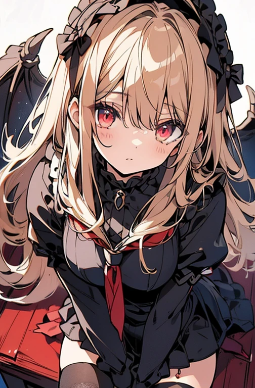 ((highest quality))、((８K))、((High resolution))、((masterpiece))、((Super detailed))、（ruins）、((One :1.4))、((Looking at the camera from above))、((sit))、Lower both arms、golden hair that shines golden、Red eyes that sparkle like jewels、beautiful and smooth long hair、Big, strong eyes、chuckle condescendingly、((Perfect and beautiful fingertips))、(School swimsuit with deep dark color：1.4)、Gothic Lolita with a noble atmosphere、(black stockings)、red night sky、bat