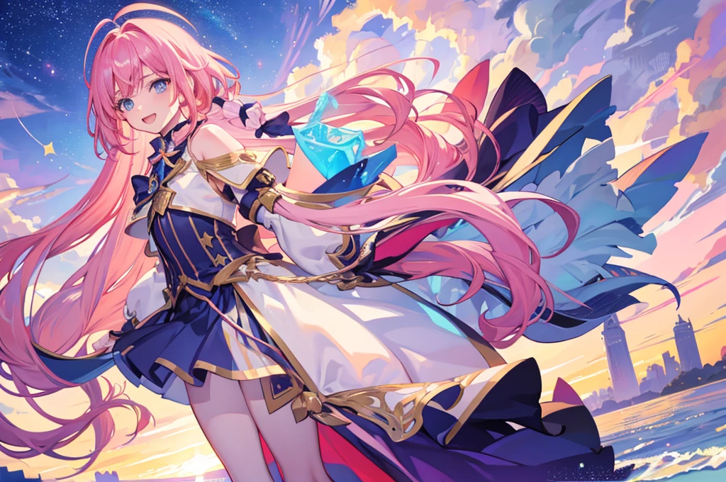 1boy, magical, long hair, pink hair, blue eyes, idol costume, ahoge, sunset, night view, starry sky, blue sky