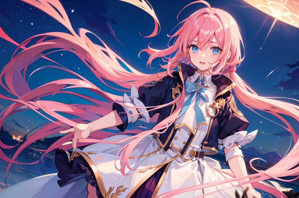 1boy, magical, long hair, pink hair, blue eyes, idol costume, ahoge, sunset, night view, starry sky, blue sky