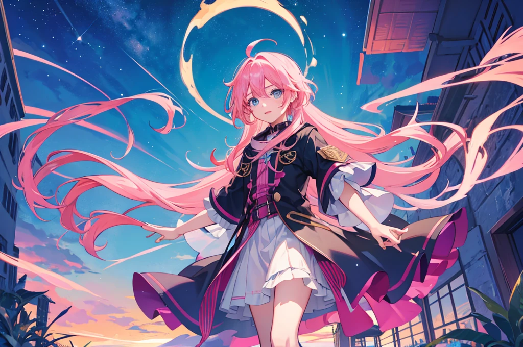 1boy, magical, long hair, pink hair, blue eyes, idol costume, ahoge, sunset, night view, starry sky, blue sky