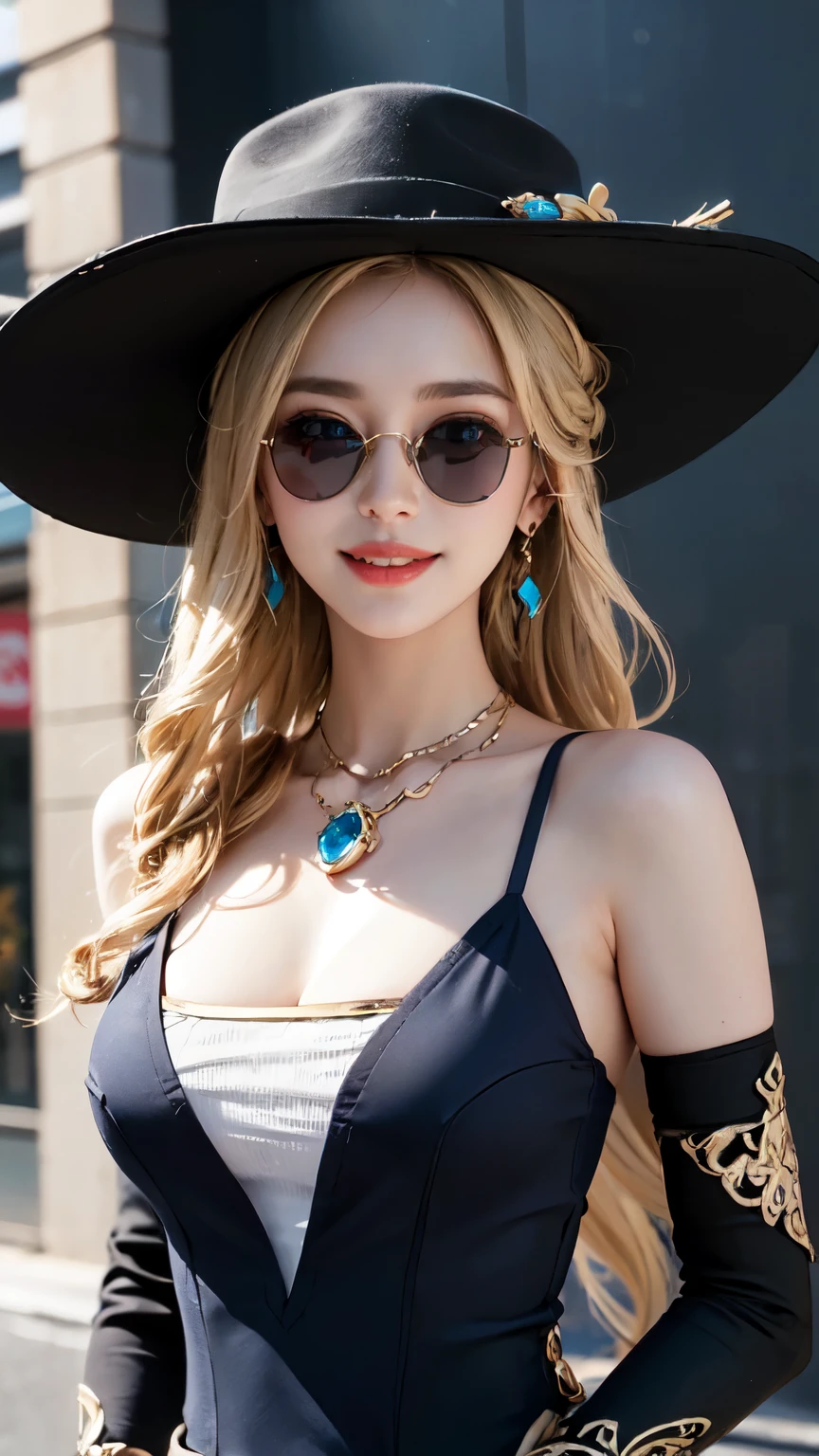 1 girl，Sexy Mature，long blonde hair，Very long, long hair，blue eyes，Super detailed face，Detailed eyes，wearing a brimmed hat（color），Big breasts，It's fashionable to wear，statement earrings、jewelry，wearing sunglasses，Smiling all over，Upper body shot，background：colorful background，Cool，