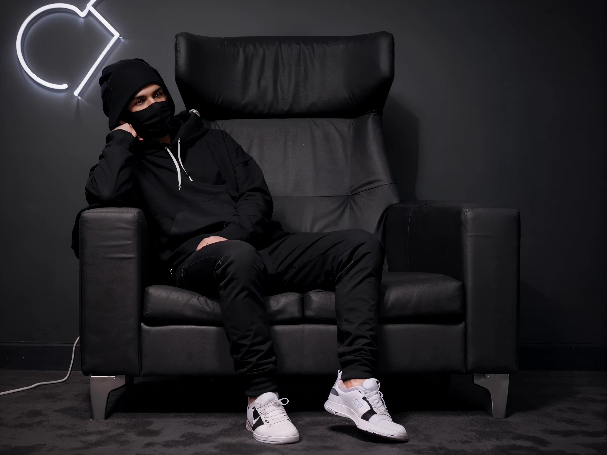 Create a 3D illusion for a profile
picture where a 25 Year old cute boy in a
black hoodie Sitting casually on a Wingback
chair Wearing sneakers, with black mask and
Sunglasses, he looks ahead The background
features "ALIMUGHAL" in big and capital
Purple neon light fonts on the dark grey
wall, There should not be his shadow, and
there are wings to make it appear as if he
is an angel.