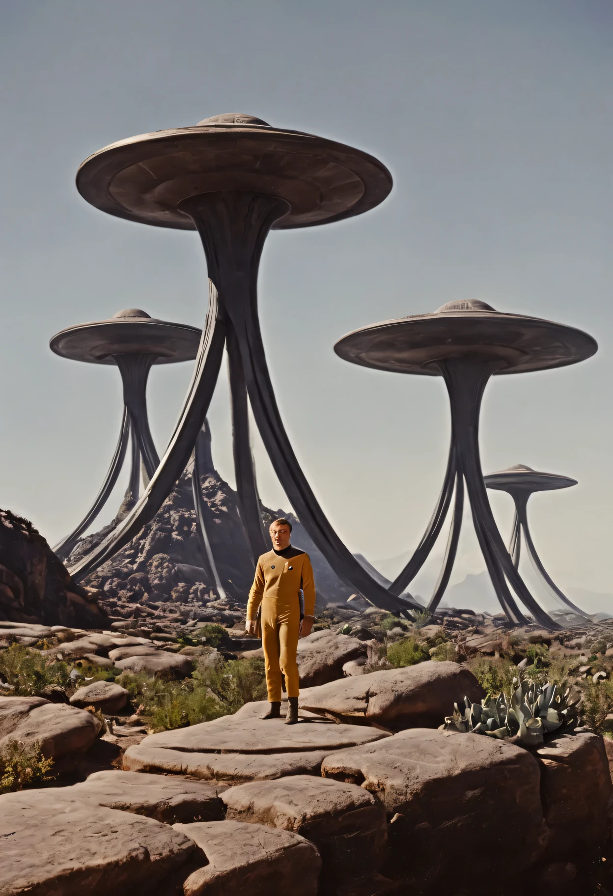 Crew of an old starship from a 1960s TV series on a rustic, picturesque planet, lost in space, with scenic plants and rocks, republic series, Programa de TV de Irwin Allen, Science fiction, Uniformes de acampamento coloridos estilo Star Trek e Lost in Space, retro look, vintage, estilo antigo, rostos perfeitos tipo atores dos anos de 1960, ((ROSTOS PERFEITOS)), large very colorful scenery, cogumelos gigantes, Alien plants, ((ROSTOS PERFEITOS)), include an alien in the crew, rostos melhorados, alienogen, robot, Planeta Extraterrestre, TV studio lighting, fake scenario