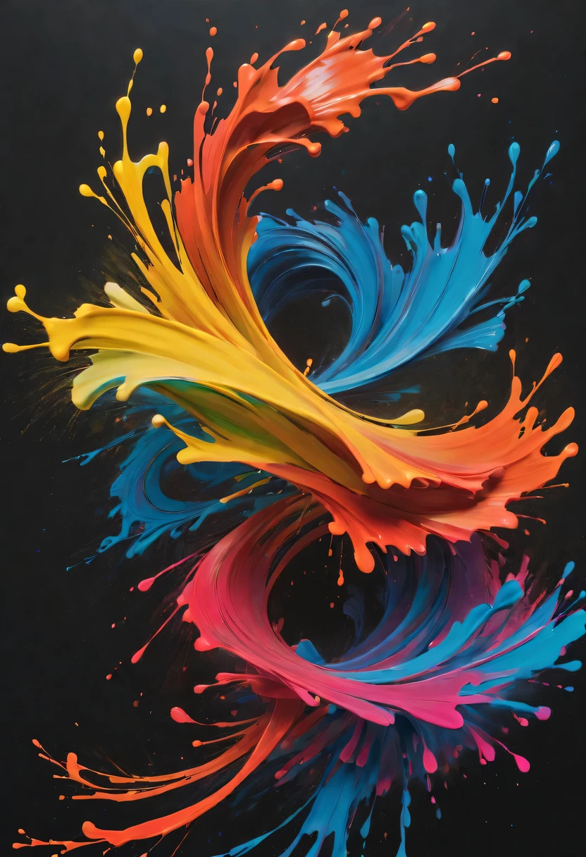 scribble art,ink splatter,Wild,splash ink painting,Abstraction,rich and colorful,Vague dreams,Dynamic energy,publish creation,visual impact,modern aesthetic,Elegant and simple,Contemporary interpretation,be bold,black background,Chinese Kung Fu Luo Mo,The moment when ink is splattered,Stir up huge rich and colorful waves,Gorgeous