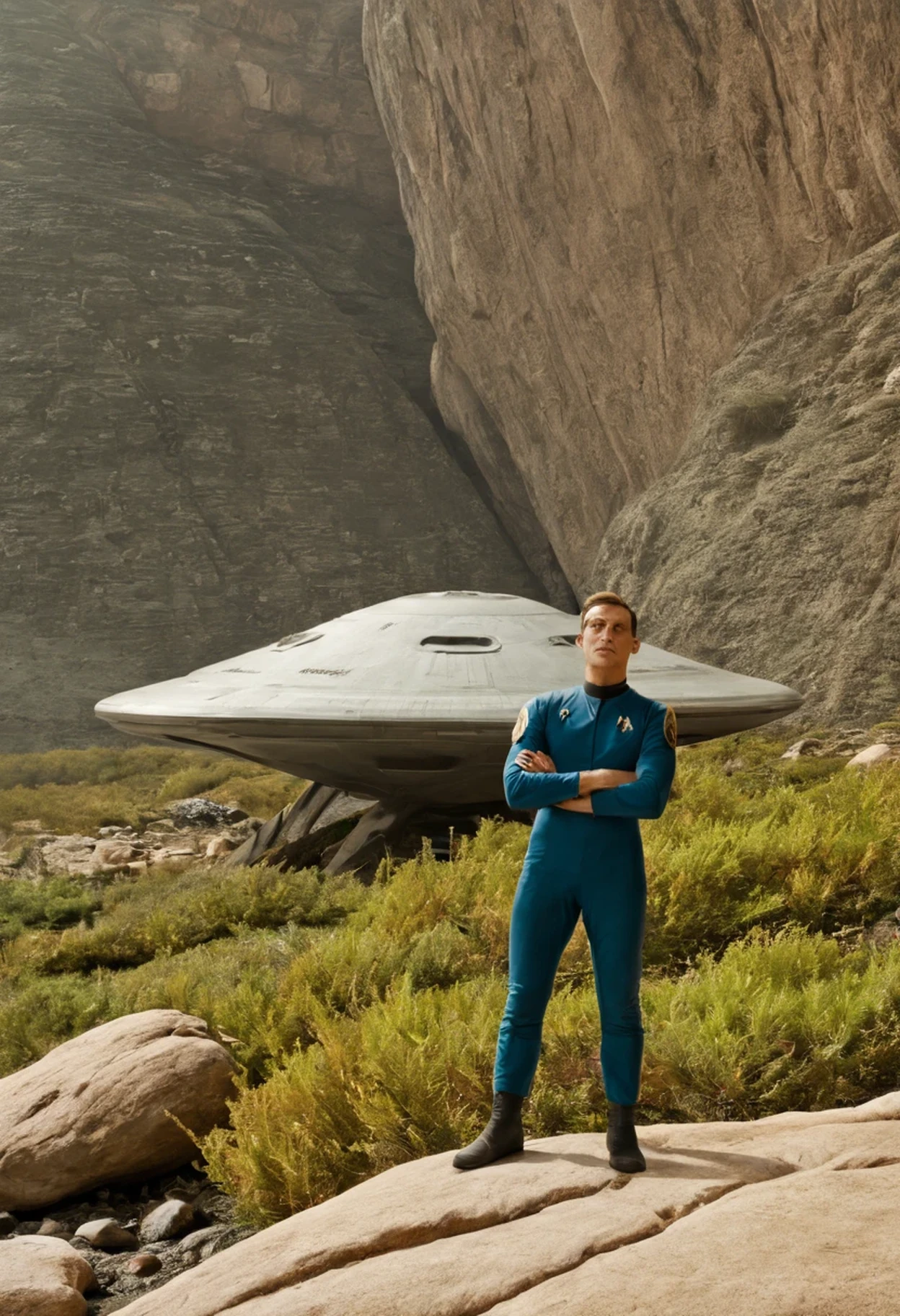Crew of an old starship from a 1960s TV series on a rustic, picturesque planet, lost in space, with scenic plants and rocks, republic series, Programa de TV de Irwin Allen, Science fiction, Uniformes de acampamento coloridos estilo Star Trek e Lost in Space, retro look, vintage, estilo antigo, rostos perfeitos tipo atores dos anos de 1960, ((ROSTOS PERFEITOS)), large very colorful scenery, cogumelos gigantes, Alien plants, ((ROSTOS PERFEITOS)), include an alien in the crew, rostos melhorados, alienogen, robot, Planeta Extraterrestre, TV studio lighting, fake scenario