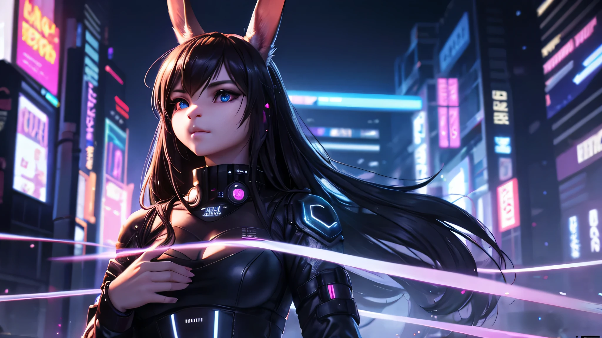 cyberpunk, Reflective clothing, rabbit,woman,perfect face, Ultra-detailed soft diffuse lighting, Realistic shadows, complicated, elegant,