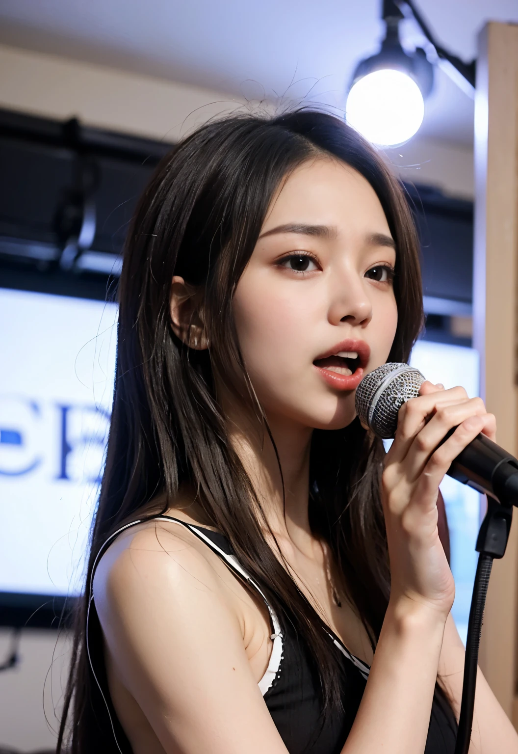 (((long hair:1.3、have a microphone:1.2、Girl singing with microphone)))、live house、Tank top