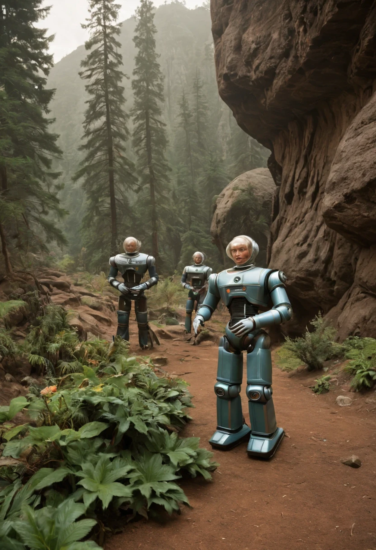 Crew of an old starship from a 1960s TV series on a rustic, picturesque planet, lost in space, with scenic plants and rocks, republic series, Programa de TV de Irwin Allen, Science fiction, Uniformes de acampamento coloridos estilo Star Trek e Lost in Space, retro look, vintage, estilo antigo, rostos perfeitos tipo atores dos anos de 1960, ((ROSTOS PERFEITOS)), large very colorful scenery, cogumelos gigantes, Alien plants, ((ROSTOS PERFEITOS)), include an alien in the crew, rostos melhorados, alienogen, (((robot perto dos tripulantes))), Planeta Extraterrestre, TV studio lighting, fake scenario, ((robot))