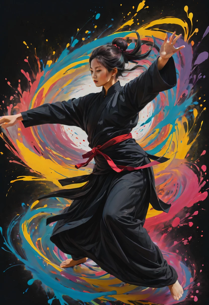 scribble art,ink splatter,Wild,splash ink painting,Abstraction,rich and colorful,Vague dreams,Dynamic energy,publish creation,visual impact,modern aesthetic,Elegant and simple,Contemporary interpretation,be bold,black background,Chinese Kung Fu