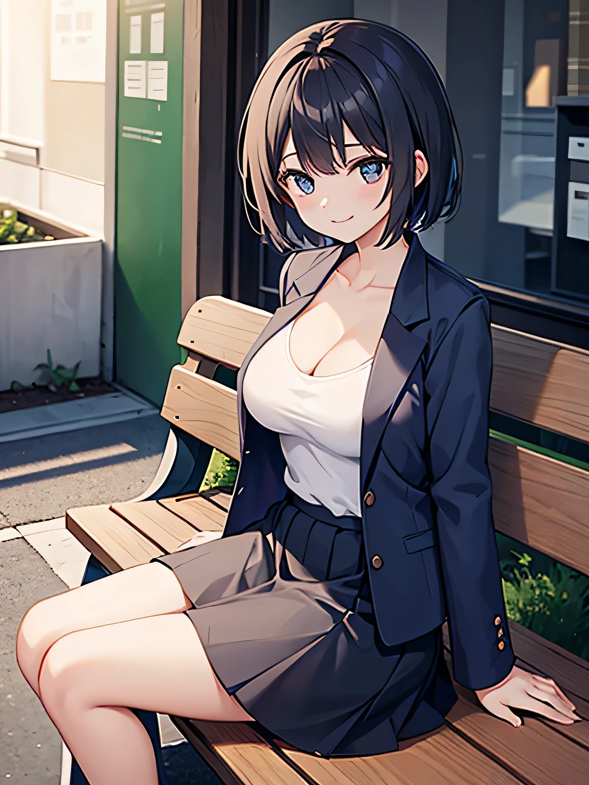 (1) A woman is sitting on a bench with a smile.
(2) women have short hair、I'm wearing a white V-neck innerwear。, Navy blue jacket, and a navy blue tight skirt.
(3) Cleavage in women is visible.
(4) The location is a bench on the roof of a building..