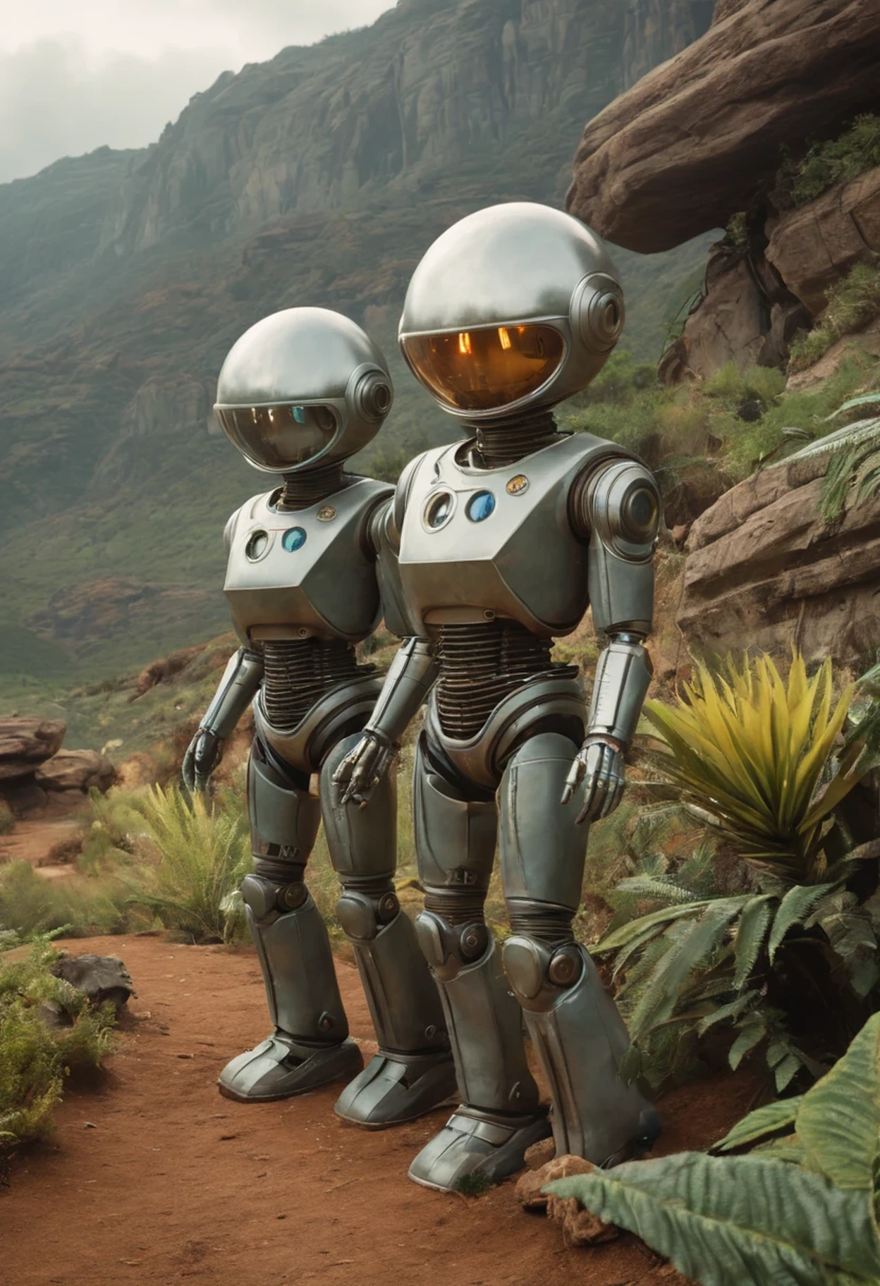 Crew of an old starship from a 1960s TV series on a rustic, picturesque planet, lost in space, with scenic plants and rocks, republic series, Programa de TV de Irwin Allen, Science fiction, Uniformes de acampamento coloridos estilo Star Trek e Lost in Space, retro look, vintage, estilo antigo, rostos perfeitos tipo atores dos anos de 1960, ((ROSTOS PERFEITOS)), large very colorful scenery, cogumelos gigantes, Alien plants, ((ROSTOS PERFEITOS)), include an alien in the crew, rostos melhorados, alienogen, (((robot perto dos tripulantes))), Planeta Extraterrestre, TV studio lighting, fake scenario, ((robot))