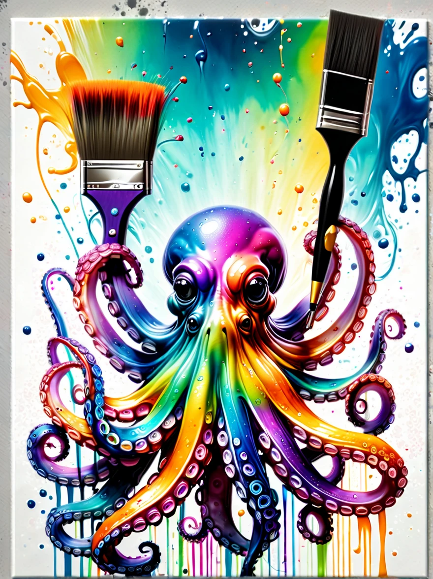 Whimsical vibe，an underwater world，((1 cute octopus holding a paintbrush and drawing pictures on the drawing board:1.5))，((ink pigment，Strong splash of colored ink:1.6))，(More ink splatter effects on the canvas and octopus:1.6)，(Character covered in ink liquid splatter:1.6), (Ink splash effect:1.7)，(Splash paint:1.7), (Colorful paint splash:1.7)，(paint splatter background:1.7)，The octopus should look happy doing its art，周围是充满珊瑚和海洋生物的energetic水生环境，Lovely 3D rendering, Character covered in ink liquid splatter, 4D cinema rendering octane, blender art, Hospital 4D color rendering, highly detailed photo of happy, Rendering in cinema4d, 4D cinema rendering, Colorful octane rendering, 3d illustration, 3D illustration, Stylized for 3D rendering . energetic, beautiful, translucent, complex, detailed