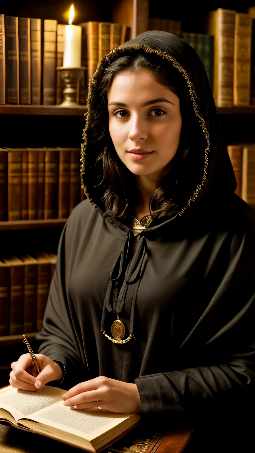 ((best quality)), ((masterpiece)), (detailed), perfect face dark haired woman ,wearing a ancient hooded cloak, sitting in a dark candle lit ancient library