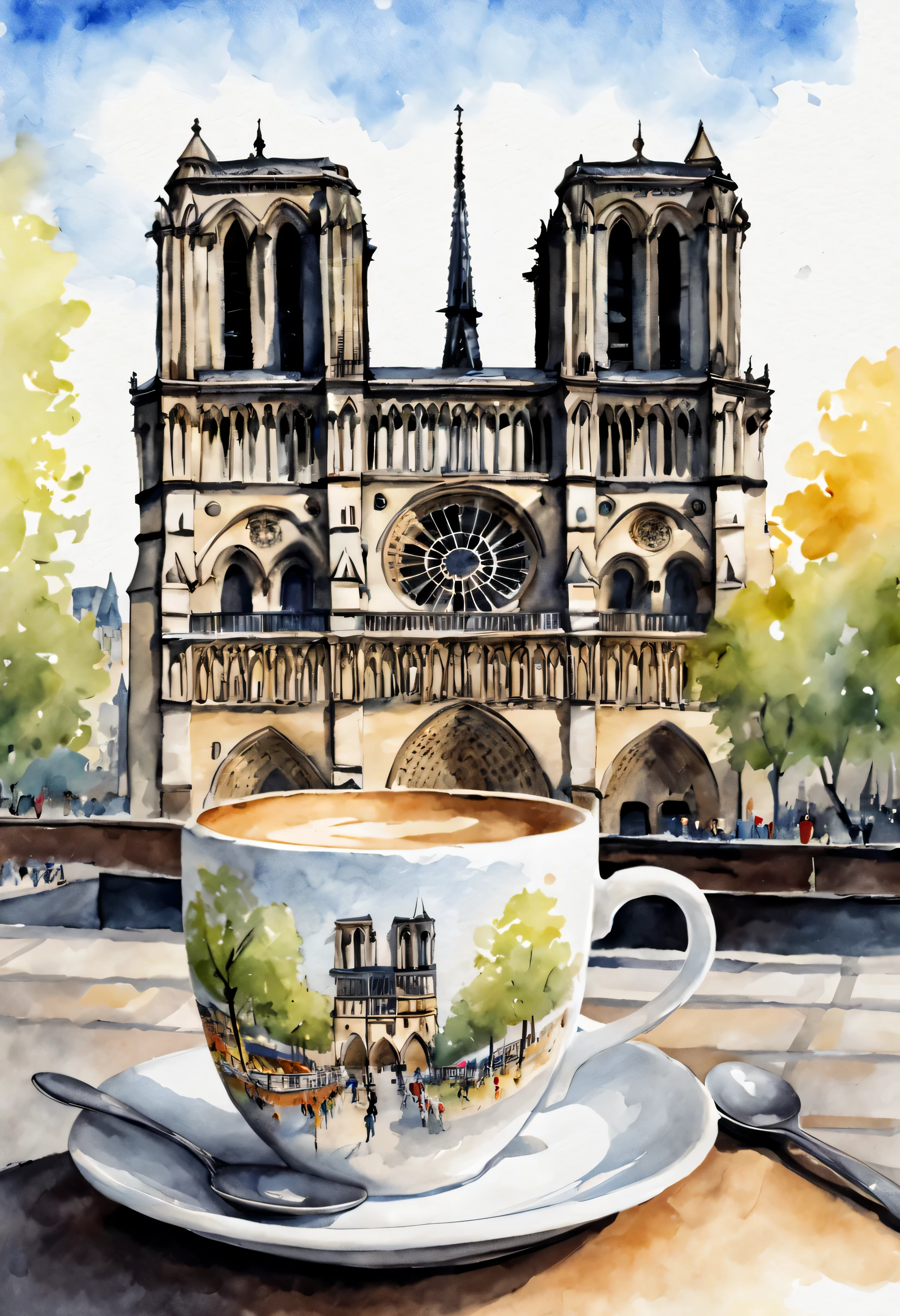 Tasse de café, devant Notre Dame de Paris, style dessin aquarelle