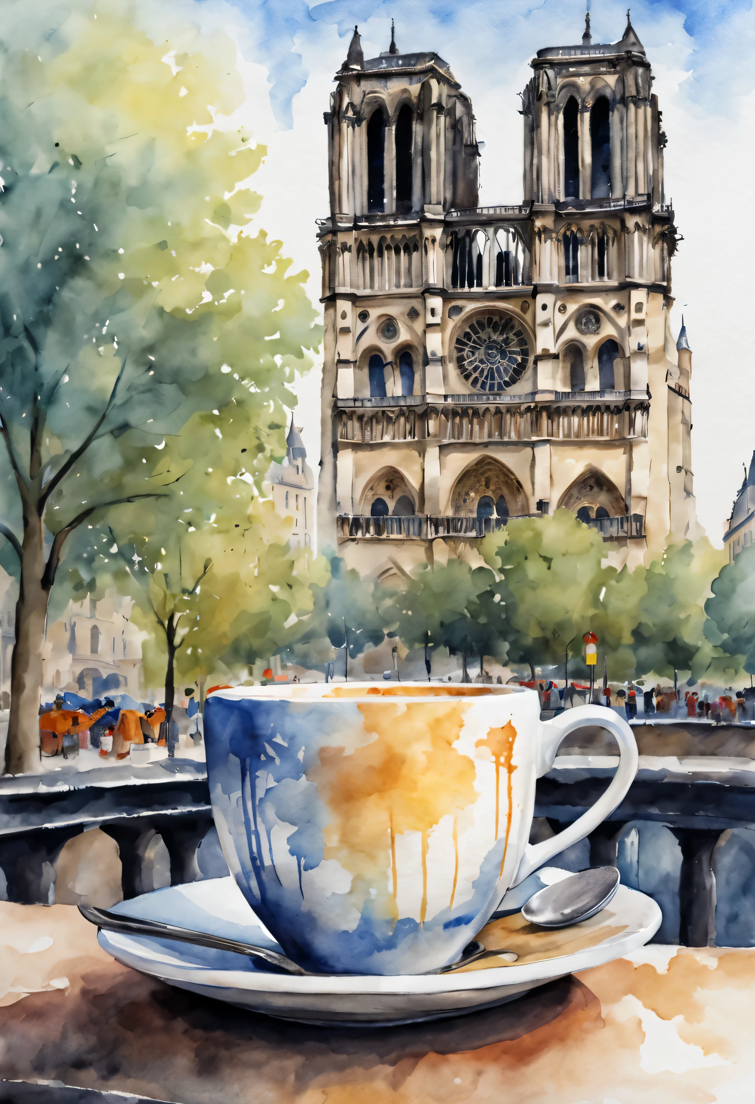 Tasse de café, devant Notre Dame de Paris, style dessin aquarelle