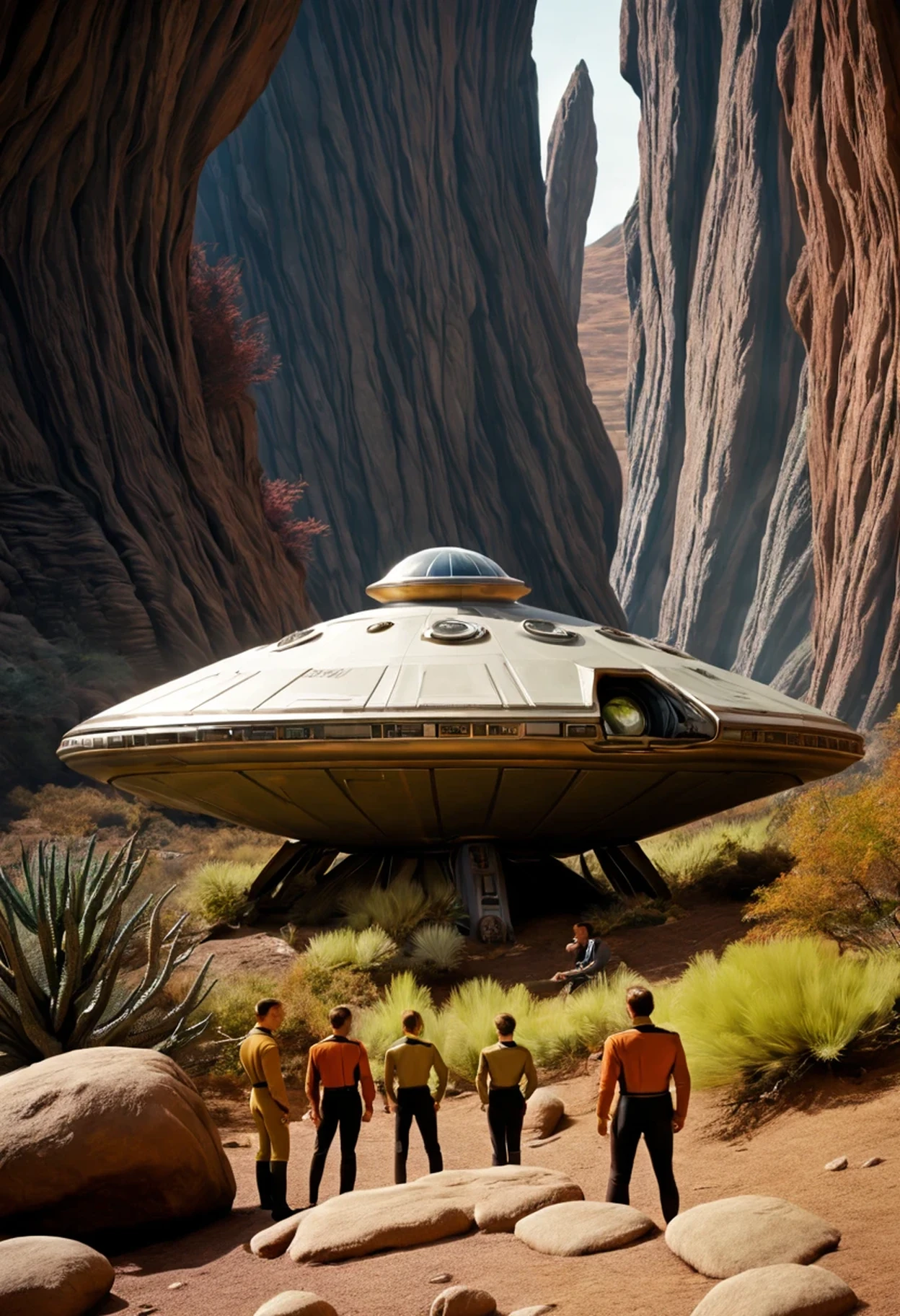 Crew of an old starship from a 1960s TV series on a rustic, picturesque planet, lost in space, with scenic plants and rocks, republic series, Programa de TV de Irwin Allen, Science fiction, Uniformes de acampamento coloridos estilo Star Trek e Lost in Space, retro look, vintage, estilo antigo, rostos perfeitos tipo atores dos anos de 1960, ((ROSTOS PERFEITOS)), large very colorful scenery, cogumelos gigantes, Alien plants, ((ROSTOS PERFEITOS)), include an alien in the crew, rostos melhorados, alienogen, robot, Planeta Extraterrestre, TV studio lighting, fake scenario