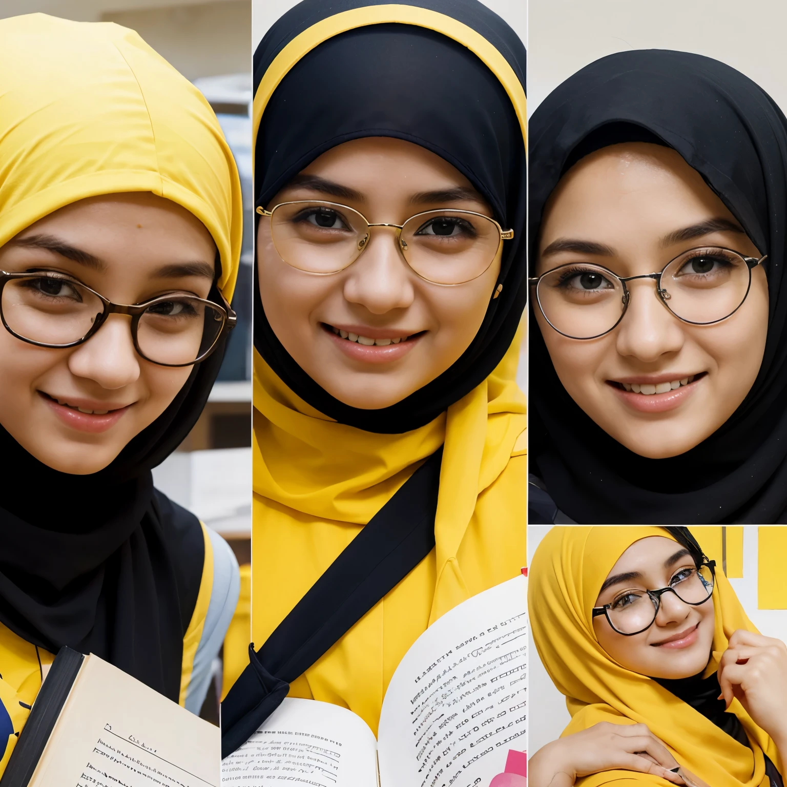 a collage study group, 3 person, a boy using glases and bring book, girls using hijab and they are using yellow almamater, they are smile to camera. cartoon look