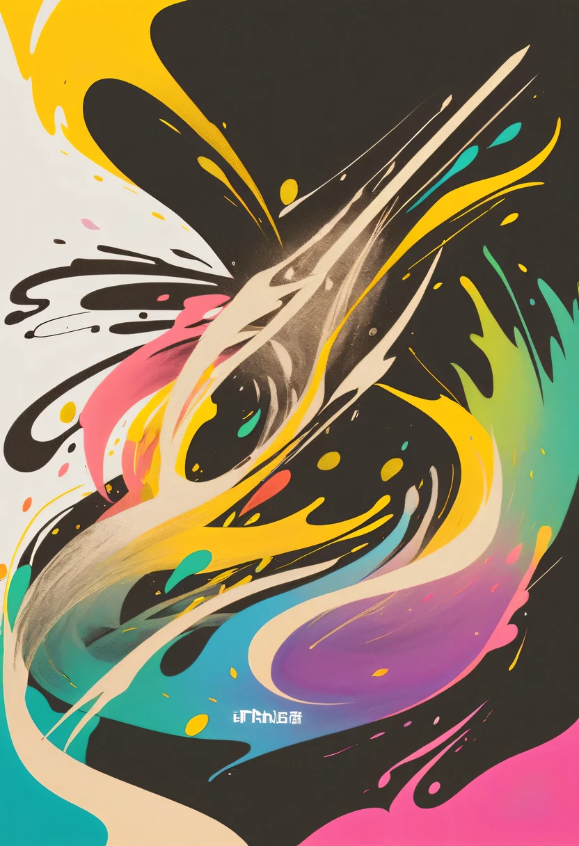 scribble art，ink splatter，Wild，splash ink painting，Abstraction，rich and colorful，Vague dreams，Dynamic energy,publish creation，visual impact,modern aesthetic,Elegant and simple,Contemporary interpretation,be bold,black background，Chinese swordsman