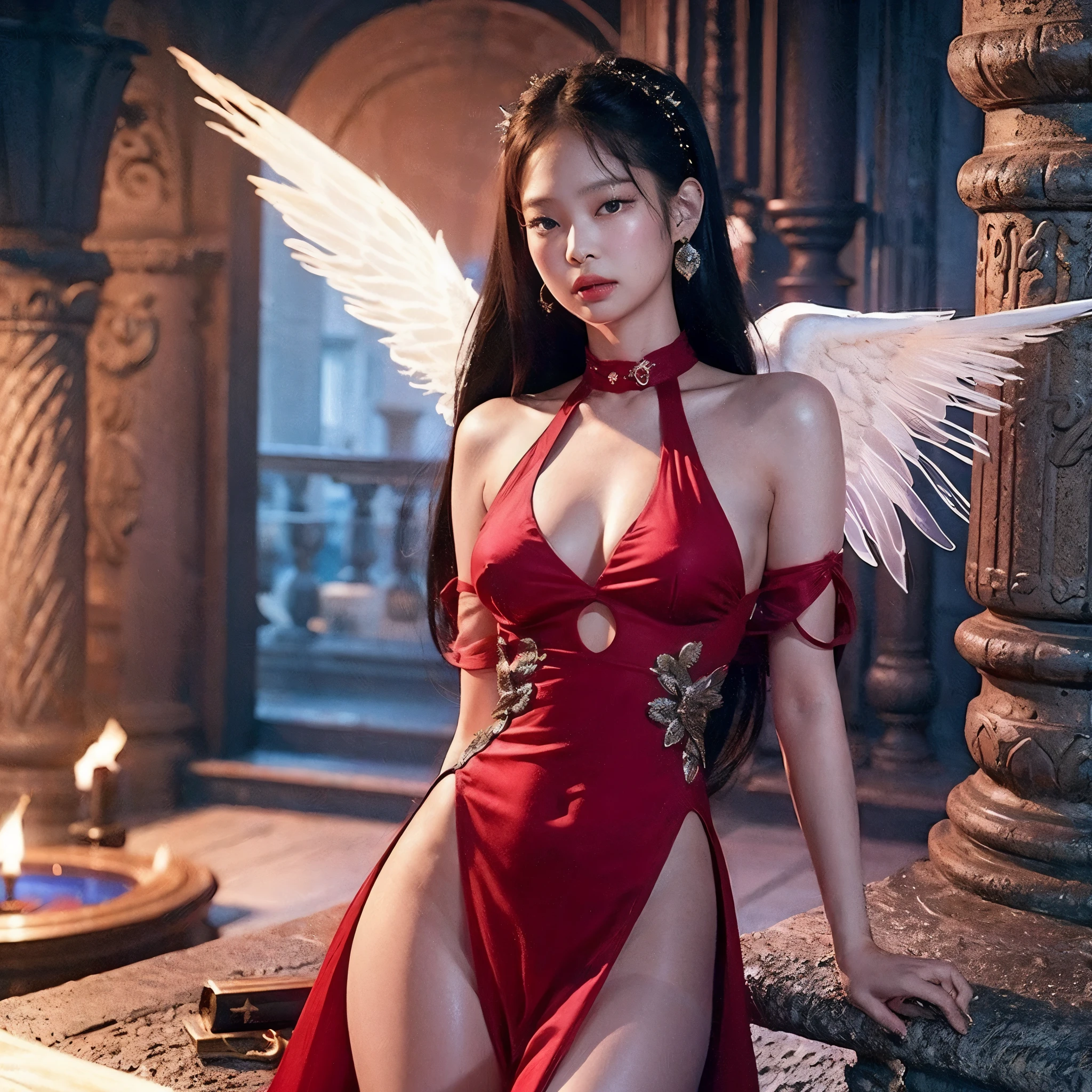 Jennie Kim de BLACKPINK, Front position, primer plano, con vestido rojo, ambiente medieval, en un castillo oscuro, black angel wings, voluptuous and tight-fitting body, pechos predominantes, telas hermosas.