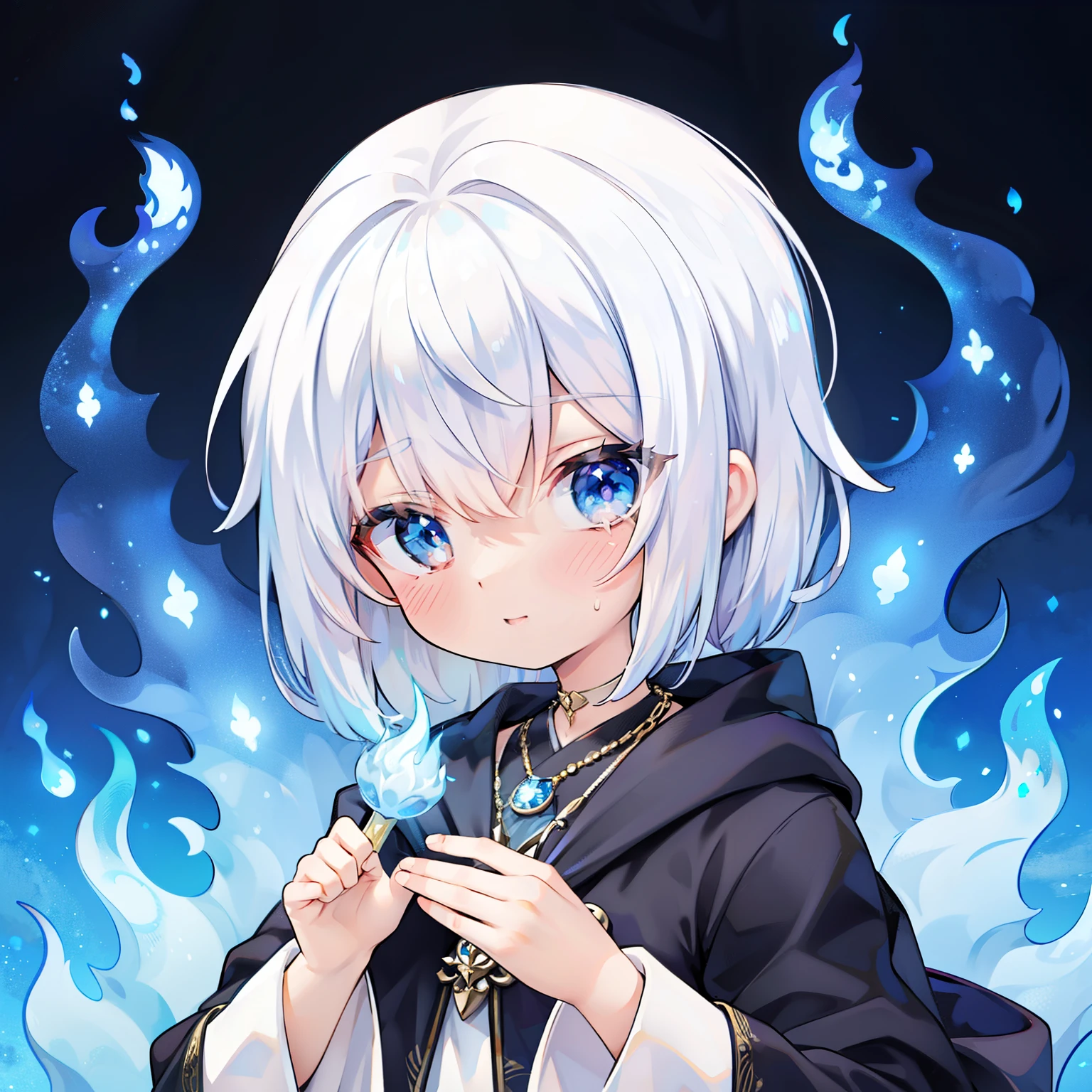 A night with blue flames. Darkness with impressive blue flames. woman wearing white wizard robe. she has a beautiful face and bright blue eyes. 青いMagic Flameが彼女の周りで見えています. Detail view. bright colors. High resolution.magic wand、white hair、blue eyes、blue gemstone necklace、whole body、Wearing a Blue Flame、Magic Flame、Blue flame overflowing from your hands