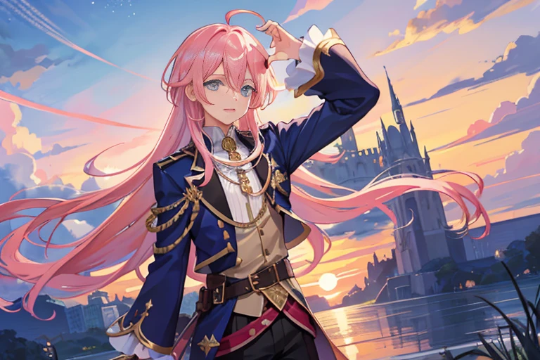 1boy, magical, long hair, pink hair, blue eyes, idol costume, ahoge, sunset, night view, starry sky, blue sky