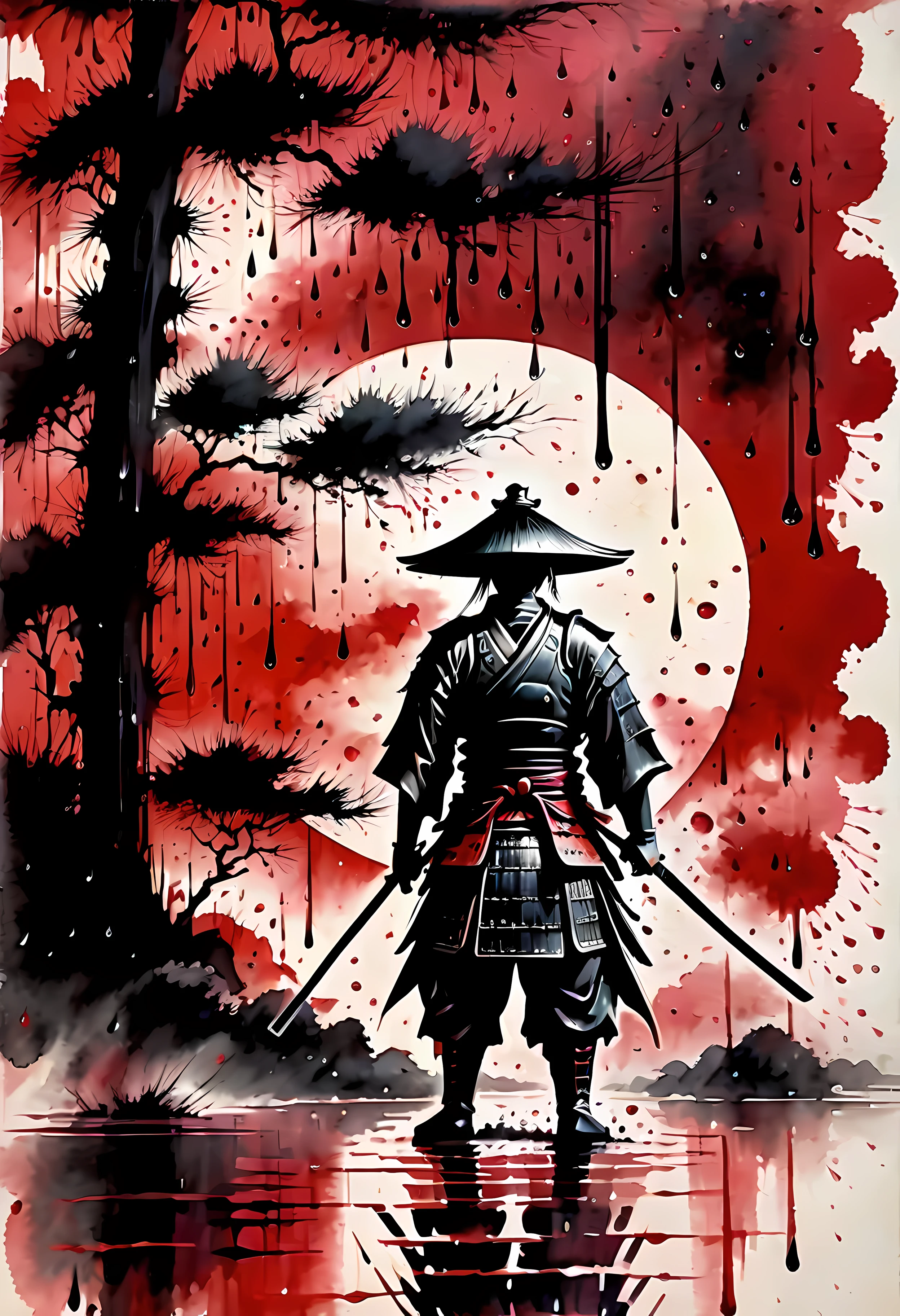 (best quality,realistic),(traditional Japanese art:1.1),(ink splatter:1.1),(samurai),(detailed Japanese armor),(dramatic lighting),(akira kurosawa style),(black rain),(vivid colors),(brushstrokes),(dynamic composition),(powerful stance),(stoic expression),(raindrops),(strong contrast),(mood of solitude),(crimson hues),(sharp focus),(minimalist background),(traditional calligraphy),(stormy atmosphere),(epic battle scene),(traditional Japanese landscapes),(unique texture)