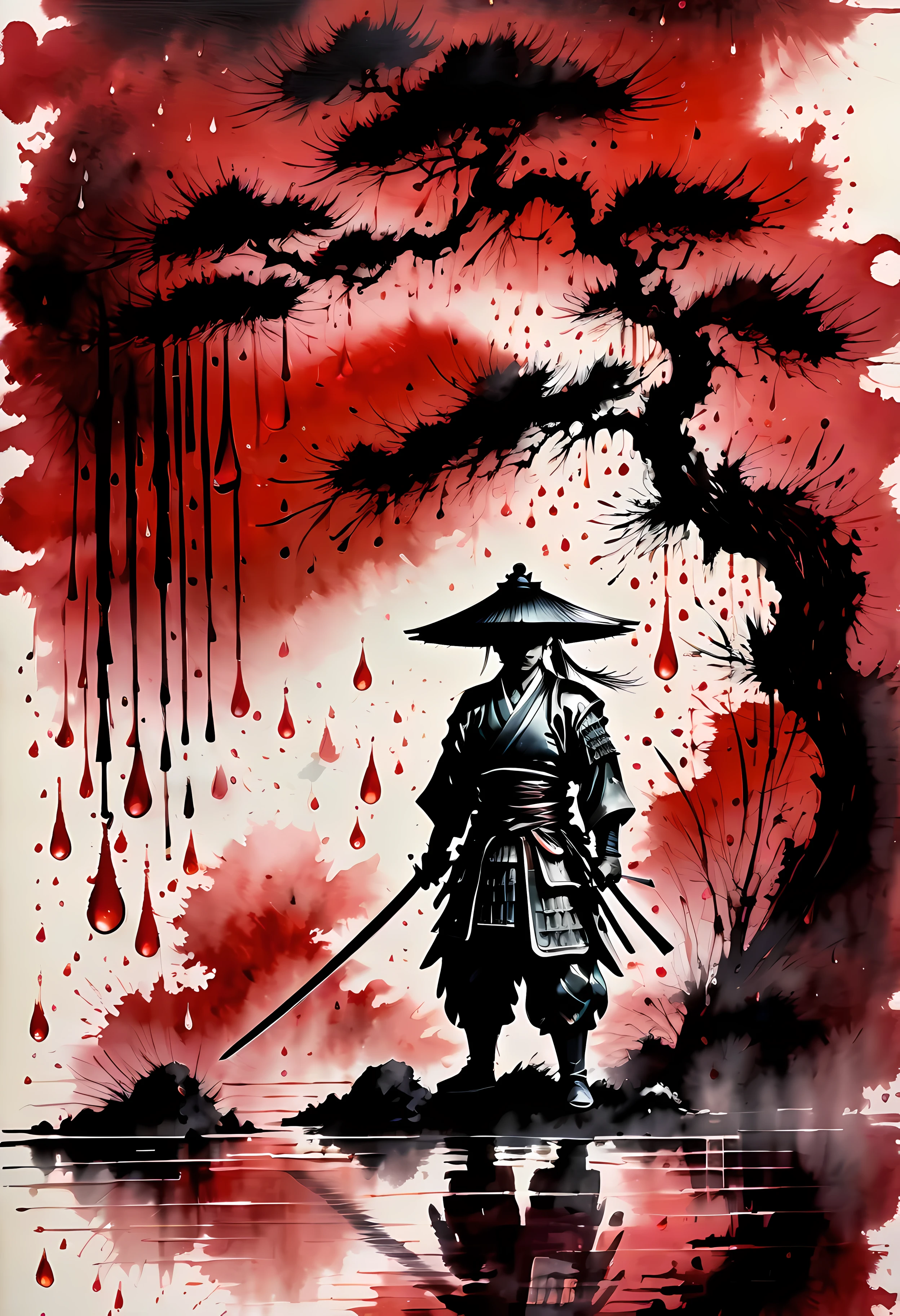 (best quality,realistic),(traditional Japanese art:1.1),(ink splatter:1.1),(samurai),(detailed Japanese armor),(dramatic lighting),(akira kurosawa style),(black rain),(vivid colors),(brushstrokes),(dynamic composition),(powerful stance),(stoic expression),(raindrops),(strong contrast),(mood of solitude),(crimson hues),(sharp focus),(minimalist background),(traditional calligraphy),(stormy atmosphere),(epic battle scene),(traditional Japanese landscapes),(unique texture)