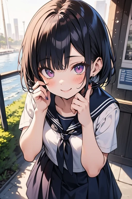 Anime girl with black hair and a sailor suit, navy blue sailor uniform, high school girl, anime style, Rendering of anime girls, realistic young anime girl, Smooth anime CG art, headband, smile, cute, white scarf for sailor suit, 3 lines, purple eyes, small breasts, tall, Straight hair, short bob cut,long skirt, slanted eyes,