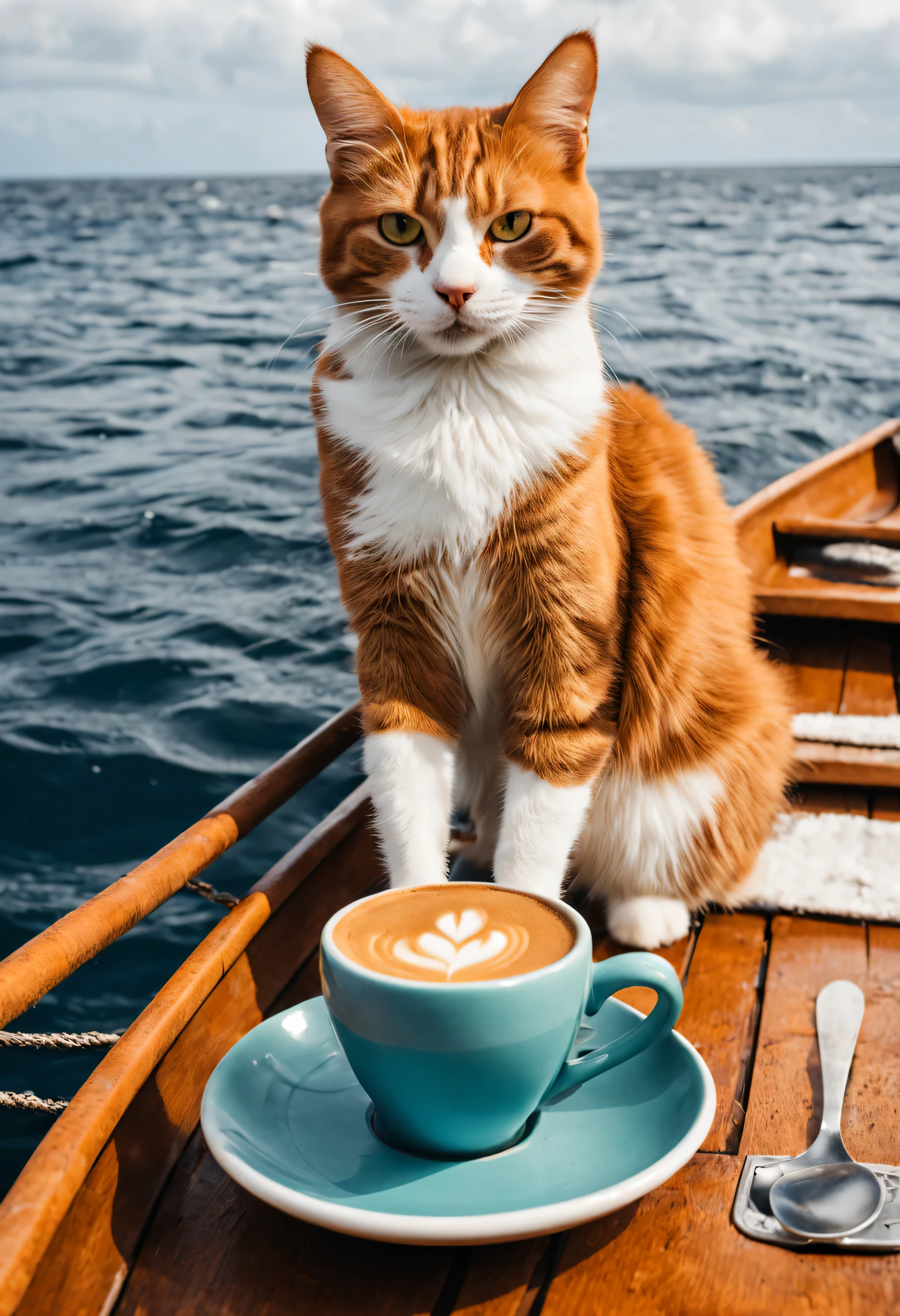 chat roux, drinks a cup of coffee, sur un petit bateau sur l'ocean