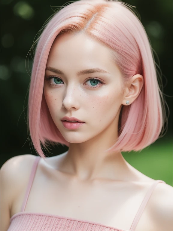 young woman, bubblegum pink hair, wide forehead, emerald green eyes, upturned nose, freckles on nose, thick pink lips, heart-shaped face, golden dress, Sakura Haruno, realism, well detailed, 3d