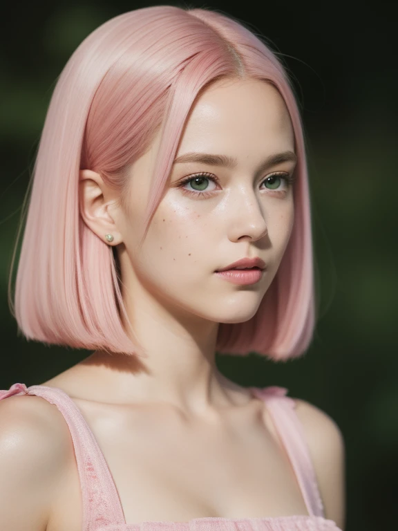 young woman, bubblegum pink hair, wide forehead, emerald green eyes, upturned nose, freckles on nose, thick pink lips, heart-shaped face, golden dress, Sakura Haruno, realism, well detailed, 3d