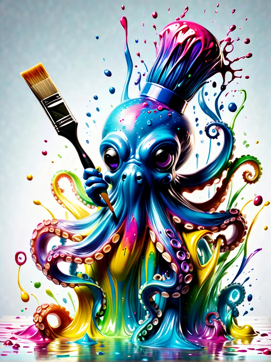 Whimsical vibe,an underwater world,((1 cute octopus holding a paintbrush and drawing pictures on the drawing board:1.5)),((ink pigment,Strong splash of colored ink:1.6)),(在画布和章鱼身上有更多的ink splatter effect:1.6),(Character covered in ink liquid splatter:1.6), (ink splatter effect:1.7),(Splash paint:1.7), (Rainbow paint splash:1.7),(paint splatter background:1.7),The octopus should look happy doing its art,周围是充满珊瑚和海洋生物的energetic水生环境,Lovely 3D rendering, Character covered in ink liquid splatter, 4D cinema rendering octane, blender art, Hospital 4D color rendering, highly detailed photo of happy, Rendering in cinema4d, 4D cinema rendering, Colorful octane rendering, 3d illustration, 3D illustration, Stylized for 3D rendering . energetic, beautiful, translucent, complex, detailed
