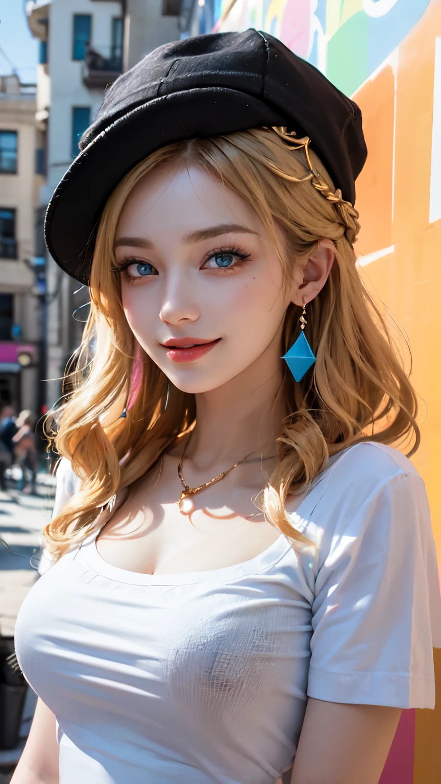 1 girl,Sexy Mature,long blonde hair,Very long, long hair,blue eyes,Super detailed face,Detailed eyes,Wearing a colorful beanie with no brim,Big breasts,dressed stylishly,White T-shirt,statement earrings、jewelry,wearing sunglasses,Smiling all over,Upper body shot,background:colorful rainbow wall,Cool,
