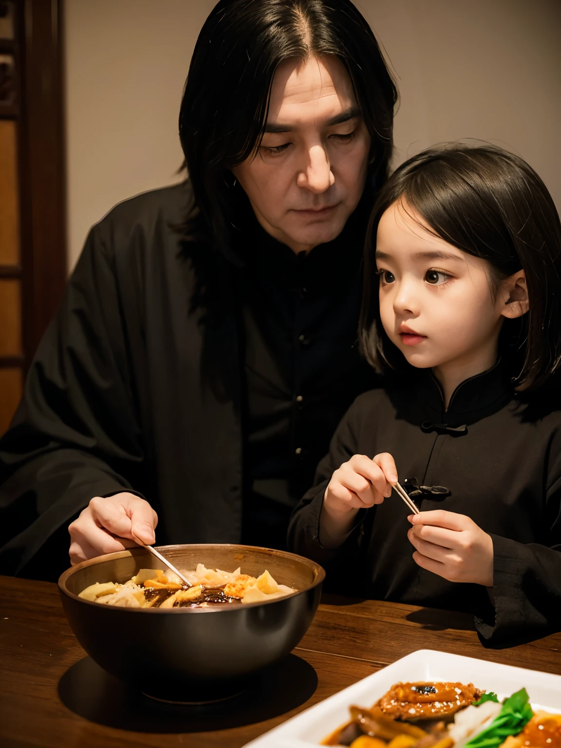 Severus Snape eating Chinese dishes with a ,meticulous portrait