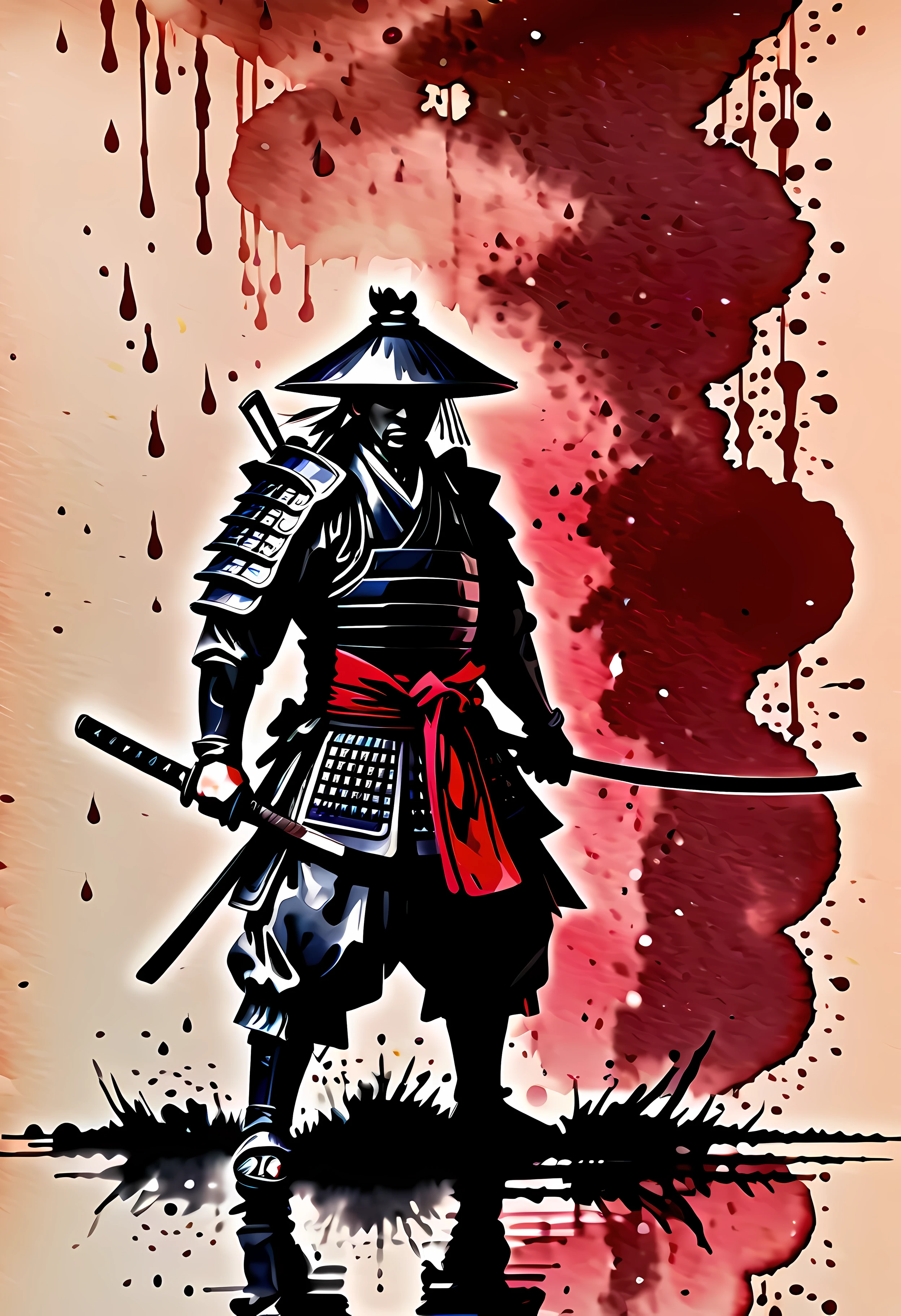 (best quality,realistic),(traditional Japanese art:1.1),(ink splatter:1.1),(samurai),(detailed Japanese armor),(dramatic lighting),(akira kurosawa style),(black rain),(vivid colors),(brushstrokes),(dynamic composition),(powerful stance),(stoic expression),(raindrops),(strong contrast),(mood of solitude),(crimson hues),(sharp focus),(minimalist background),(traditional calligraphy),(stormy atmosphere),(epic battle scene),(traditional Japanese landscapes),(unique texture)