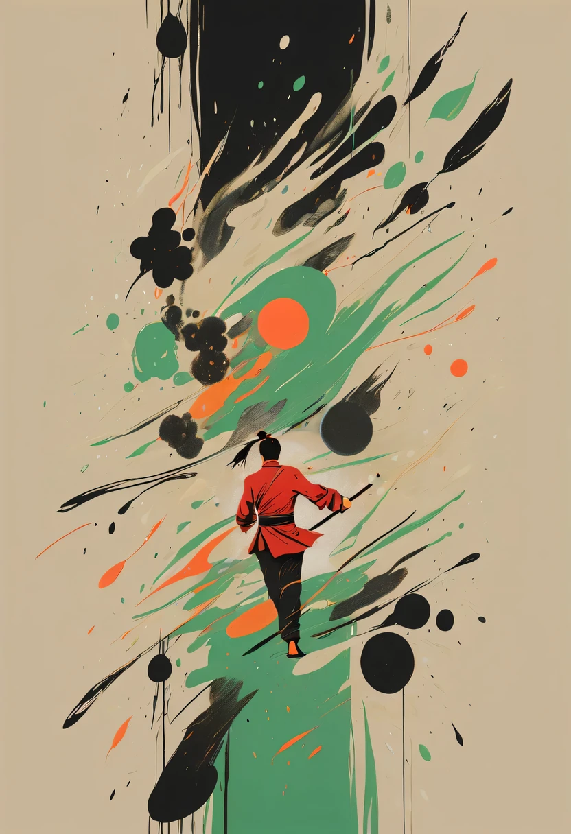 scribble art，ink splatter，Wild，splash ink painting，Abstraction，rich and colorful，Vague dreams，Dynamic energy,publish creation，visual impact,modern aesthetic,Elegant and simple,Contemporary interpretation,be bold,black background，Chinese swordsman