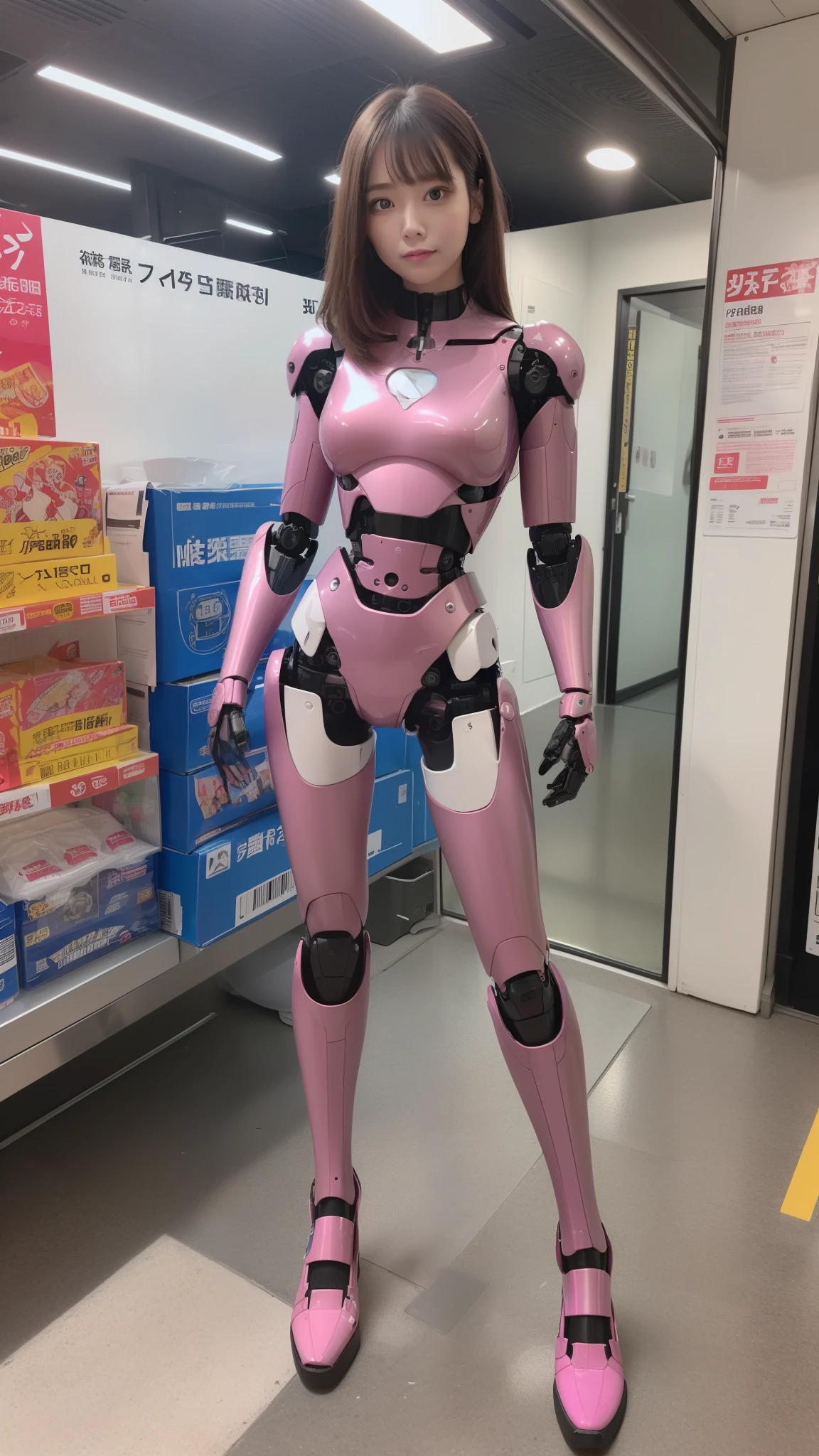 (Photorealsitic:1.4)、one robot woman、(top-quality)、(hyperdetailed face)、(Super well-formed face)、(Robot Parts)、(Female-Robot)、(25 years-old)、(Blue)、(pink there)、(Burgundy)、(metallic)、(full-body)、(sexy pose)、(Slender body)、(Model body type)、(full body mech)、(mechanical exposure)、(Akihabara)、(is looking at the camera)、(A dark-haired)、(Well-proportioned lady)、(a small face)、(a small head)、(well-groomed fingers)、(Idol)、(front facing)、(Standing with legs open)、(Photo session)、(Looks sad)、(perfect-female-robot)、(perfect-mechanical-body)