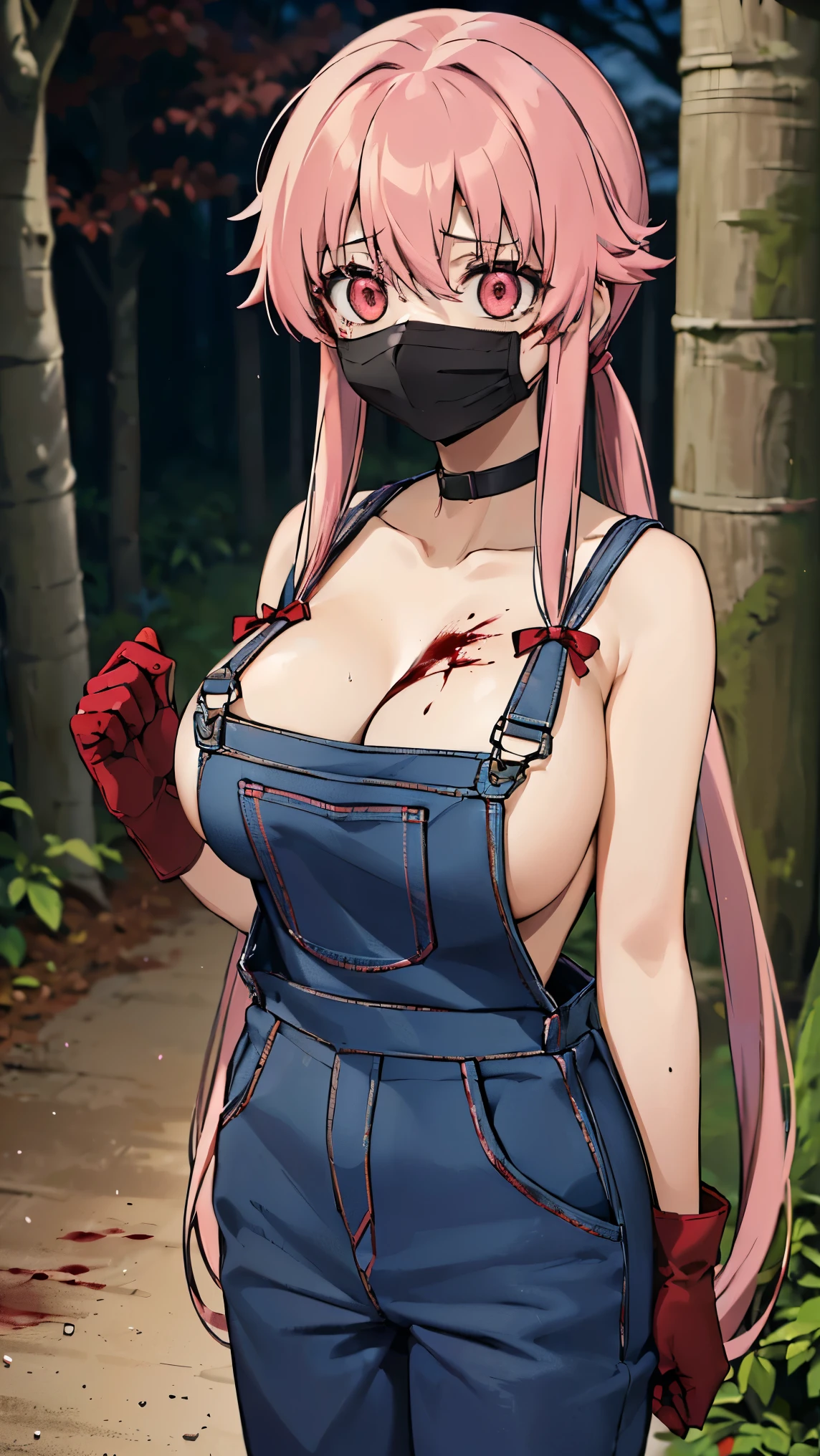 anime_still, masterpiece, best quality, 1girl, Gasai Yuno, long hair, pink hair, low twintails, smile, naked, red eyes, (large breasts:1.5),1girl, black choker, dark grey, (overalls:1.25), leather gloves, black boots, ((nigth:1.5)), (chasing you through the woods BY yuno gasai), moonlight, blood on floor, horror scane, (horror movie post:1.5) (evil eyes:1.6), (horror_movies:1.5), (woods:1.6),(dark:1.7), (out_boorlood on hands:1.5), (blood stain:1.25), (black face mask:1.25)