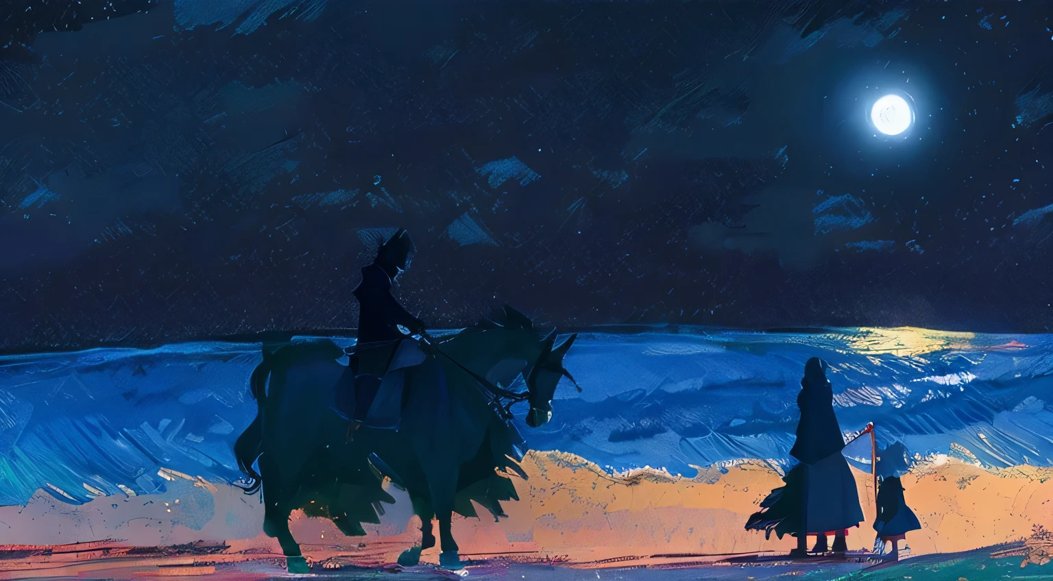 there are three people riding horses on the beach at night, pale white sand, from berserk, in berserk manga, wraiths riding in the sky, night time, white moon, starry sky, moonlight, dark sky, ocean