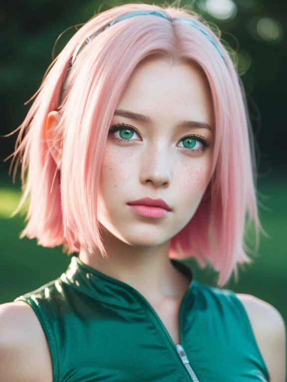 young woman, bubblegum pink hair, wide forehead, emerald green eyes, upturned nose, freckles on nose, thick pink lips, heart-shaped face, golden dress, Sakura Haruno, realism, well detailed, 3d