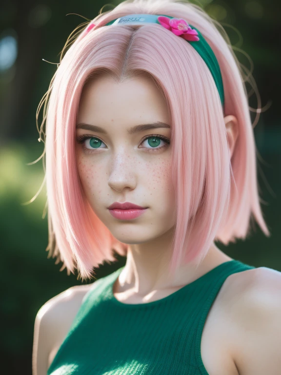 young woman, bubblegum pink hair, wide forehead, emerald green eyes, upturned nose, freckles on nose, thick pink lips, heart-shaped face, golden dress, Sakura Haruno, realism, well detailed, 3d