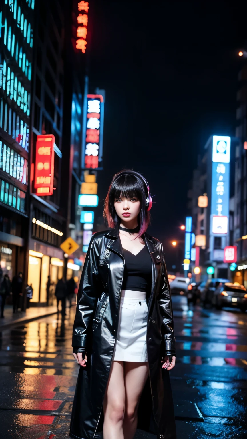 Chinese Cyberpunk BJD Doll Girl, Wearing headphones and short black clothes, burgundy, Cerulean and dianthus pink, inspired in Andre Courrèges design. she is in the rain、walking along the promenade next to the river, In a futuristic Chinese city, The facade of the building is a huge colorful screen.
dark, at night, Foggy rainy night.
illuminated by neon, city lights, sign.
Great Angle, deep field deft. High resolution. digital art, 3D, realistic raytraicing.