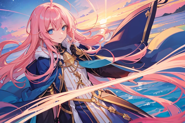 1boy, magical, long hair, pink hair, blue eyes, idol costume, ahoge, sunset, night view, starry sky, blue sky